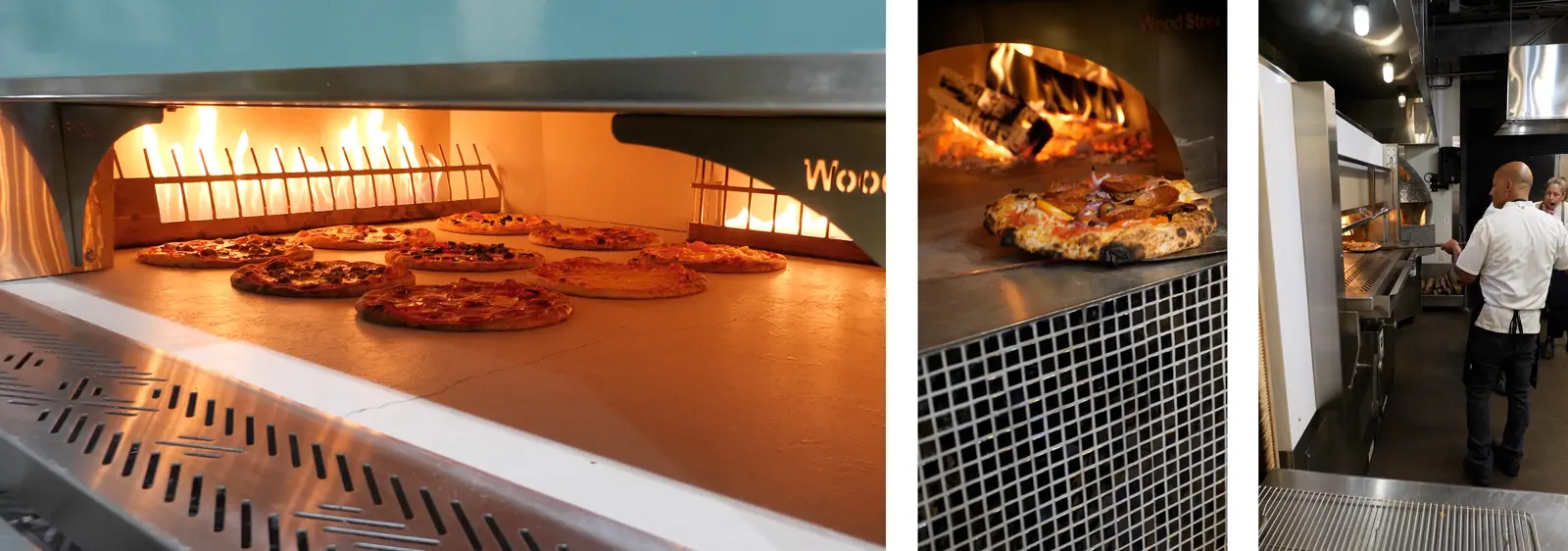 Chefs cooking pizzas on a Wood Stone Fire Deck oven.