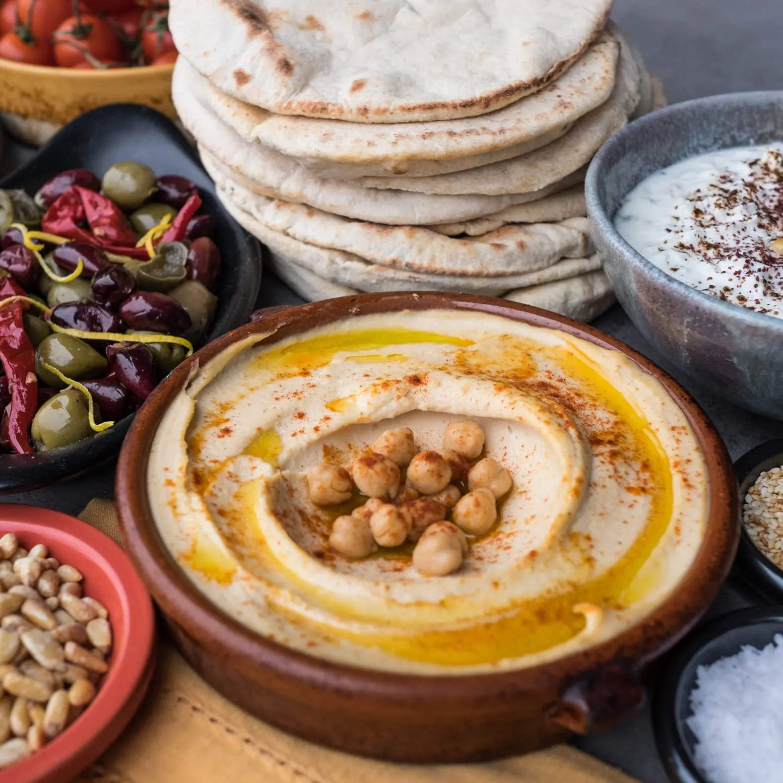 Hummus, pitas and olives