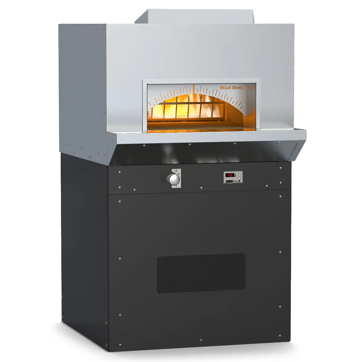 Commercial oven with visible flame inside, stainless steel upper section, and black lower base with control knob and digital display.