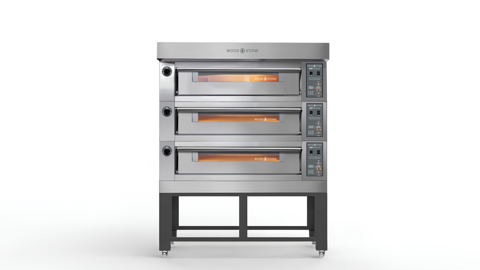 A straight-on studio shot of a stainless steel Wood Stone AMP Series triple-deck electric oven, resting on a heavy-duty black wheeled stand against a seamless white background.