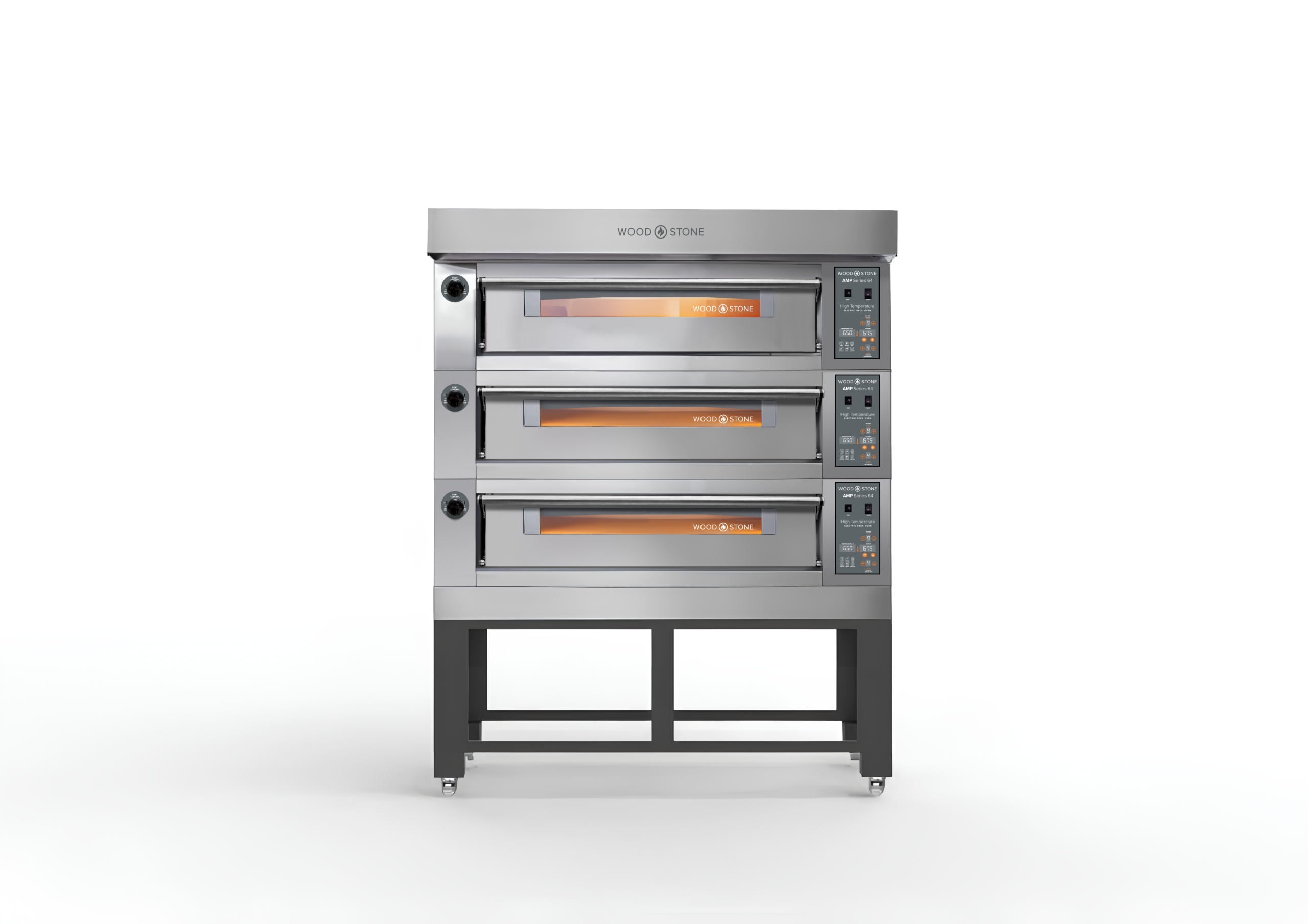 A straight-on studio shot of a stainless steel Wood Stone AMP Series triple-deck electric oven, resting on a heavy-duty black wheeled stand against a seamless white background.