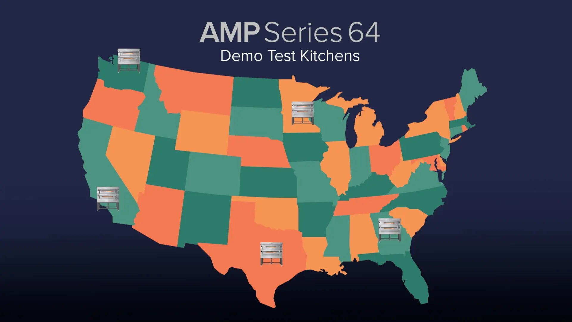 Map of test kitchens with an AMP Series 64 High-Temperature Electric Deck Oven