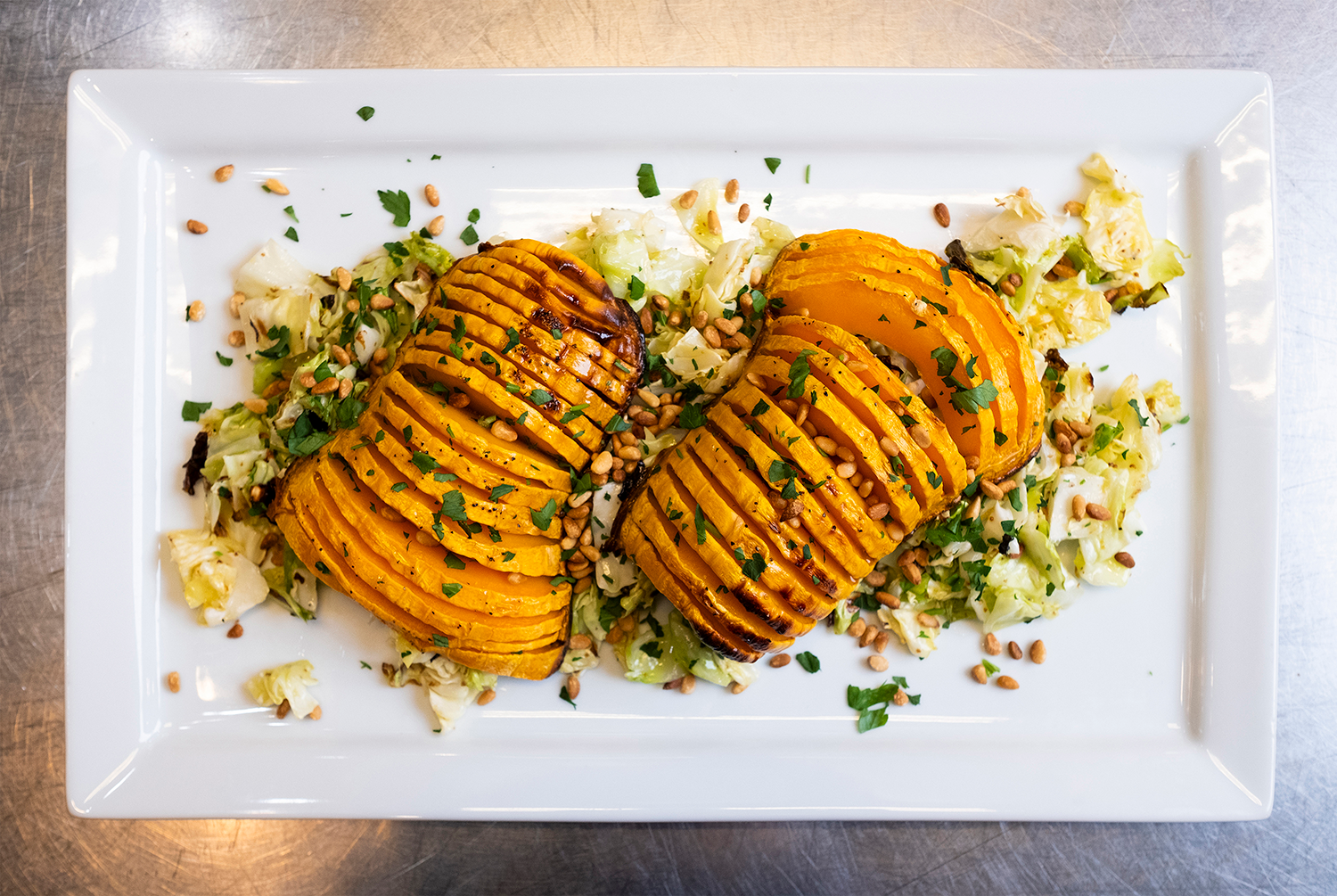 Hasselback Butternut Squash with Roasted Cabbage