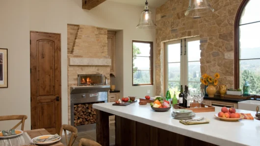 A wide view of a bright, luxurious indoor kitchen featuring a built-in Wood Stone home oven seamlessly enclosed in a custom light brick facade, complete with a lower firewood storage cavity, set behind a large white kitchen island covered in fresh produce, wine, and tableware.